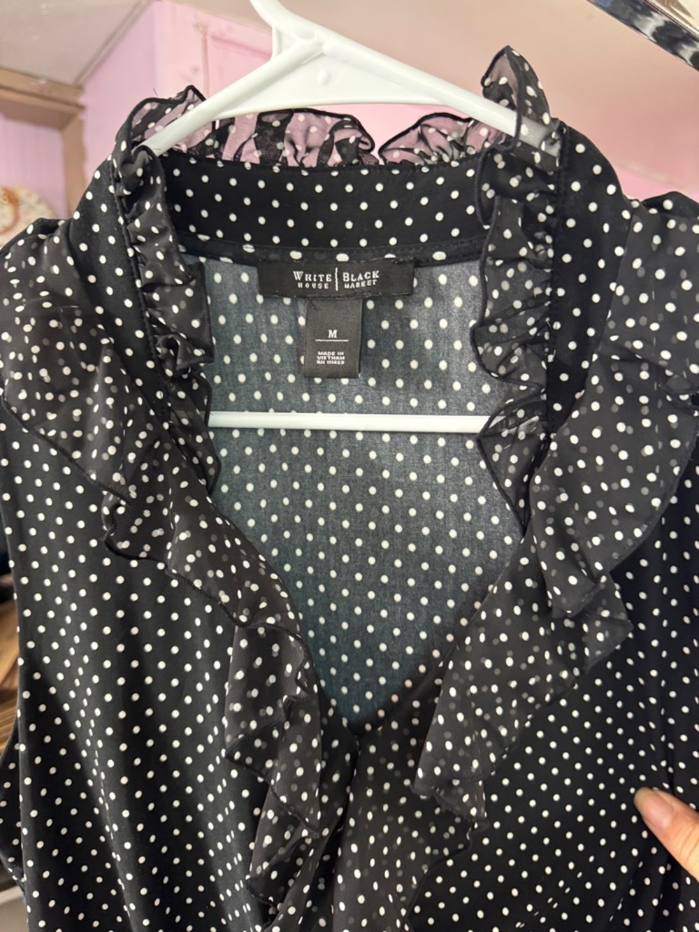 White House Black Market Polka Dot Ruffle Shell - Medium - Picture 4 of 6